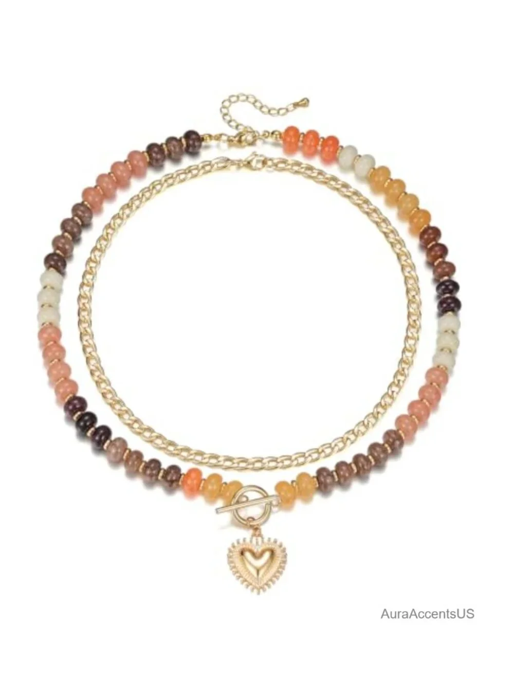 Layered Natural Stone Beaded Necklace Set Heart Charm